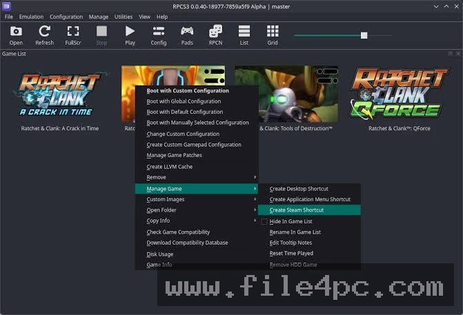 The main RPCS3 desktop dashboard displaying imported PlayStation 3 game libraries, compatibility categories, and boot controls.