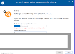 The main Microsoft Support and Recovery Assistant dashboard displaying product categories for Outlook, Office, OneDrive, and Windows.