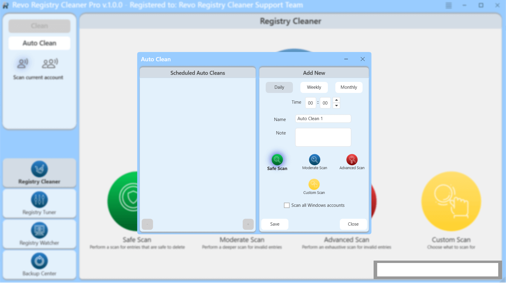 The Backup Manager tab demonstrating automatic restore point lists and one-click registry rollback controls.