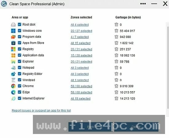 The detection panel listing browser caches, session cookies, and temporary tracking traces targeted for removal.