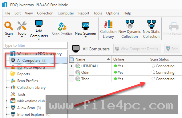 The main PDQ Inventory console interface displaying the central computer list with hardware summaries and online status indicators.
