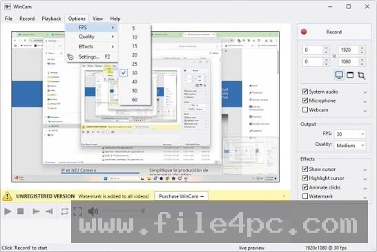 The interactive Webcam Overlay alignment window showing picture-in-picture size and positioning controls.