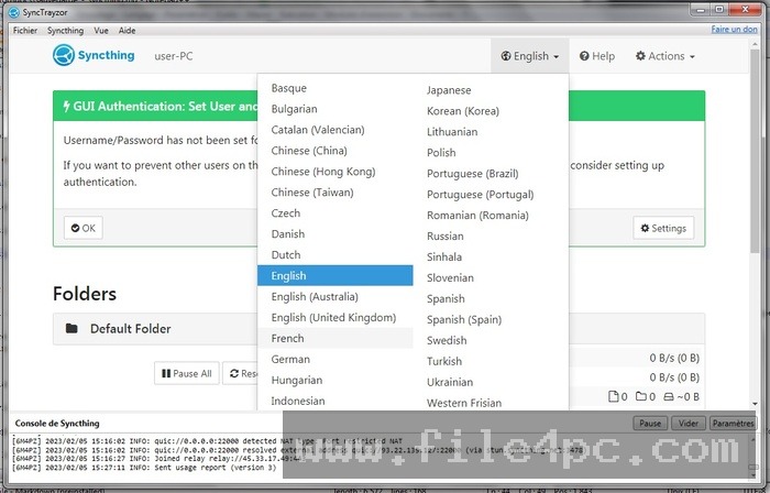 The Folder Edit configuration panel illustrating file versioning settings and ignore pattern rules.