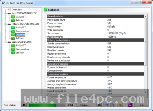 S.M.A.R.T. Health status tab showing detailed operational parameters, reallocated sector counts, and temperature logs.