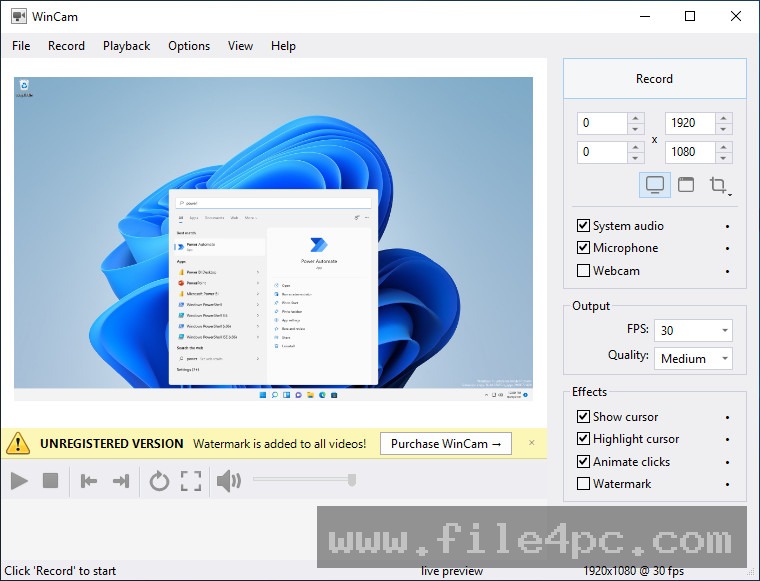 The main WinCam dashboard displaying capture region controls, audio toggles, and video recording preferences.