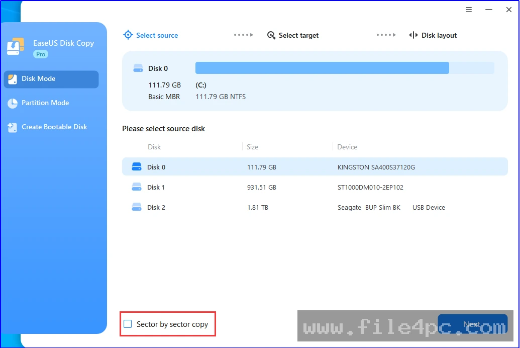 The primary interface for choosing the source hard drive and the destination target SSD for cloning.