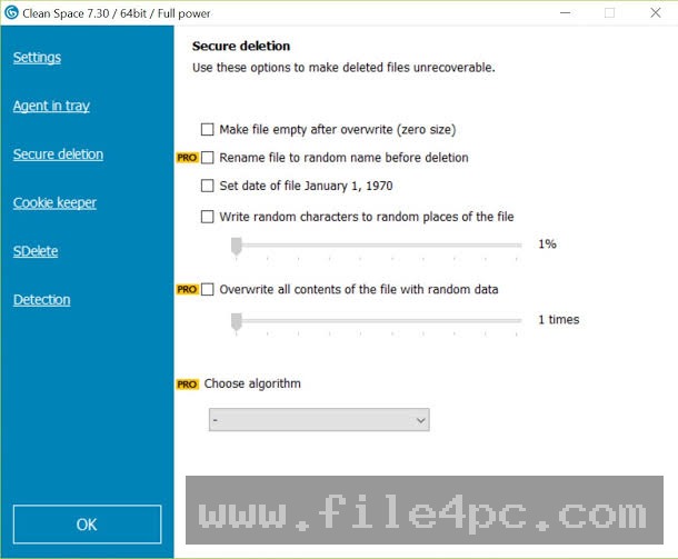 The configuration window for securely deleting sensitive files using advanced data overwriting protocols.