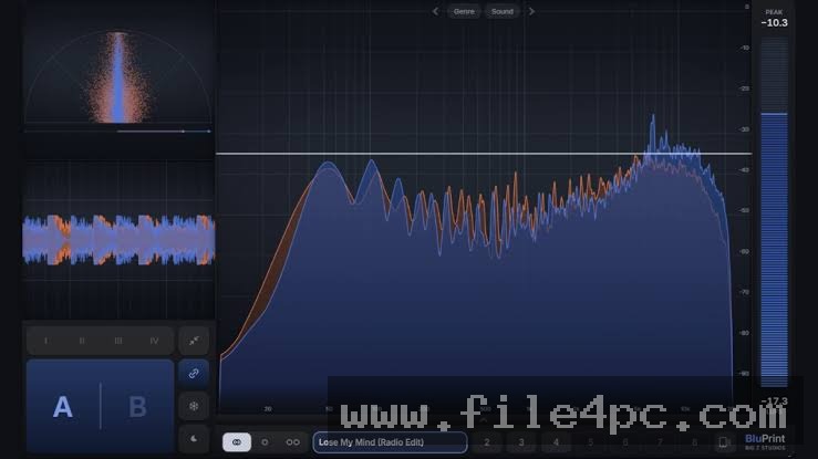 Caption: The primary interface of Big Z Studios BluPrint loaded on a DAW master channel, displaying real-time frequency spectrum analysis alongside loaded commercial reference tracks.