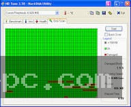 Surface Error Scan grid displaying real-time sector inspection progress with visual indicators for healthy and damaged disk blocks.