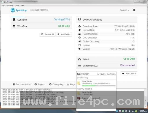 The main Syncthing web dashboard displaying connected remote devices, sync progress, and active folder paths.
