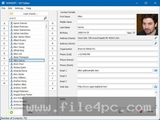 The main VovSoft VCF Editor workspace displaying loaded contact lists, field entry panels, and alphabetical navigation controls.