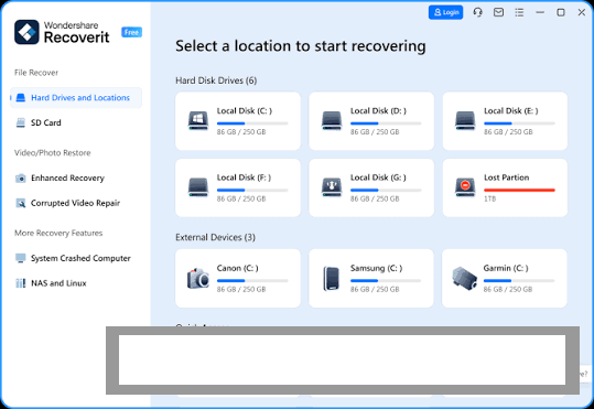 The main Wondershare Recoverit dashboard displaying storage drive selection panels, external device lists, and quick access folders.
