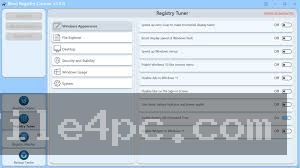 The main Revo Registry Cleaner workspace displaying category selection trees, scan toggles, and system registry health summaries.