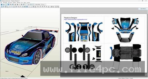 The main split-screen workspace showing the 3D model viewport alongside the unfolded 2D paper layout panel.