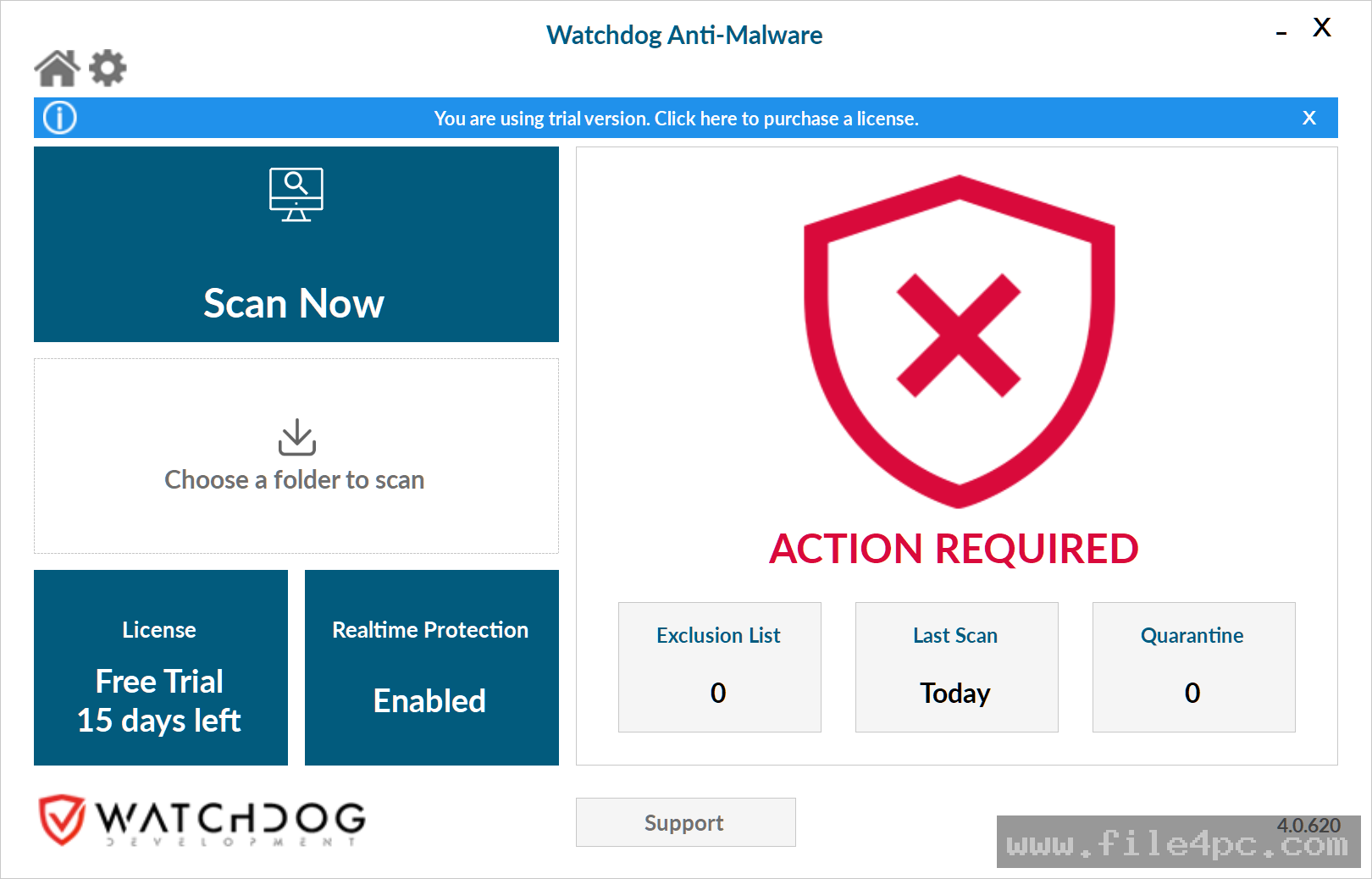 The main Watchdog Anti-Malware Business dashboard displaying endpoint protection status, quick scan toggles, and recent cloud threat updates.